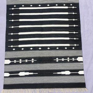 Black and White Pattern Cotton Woven Loom Rug Stripes Fringe Edge 3x5ft